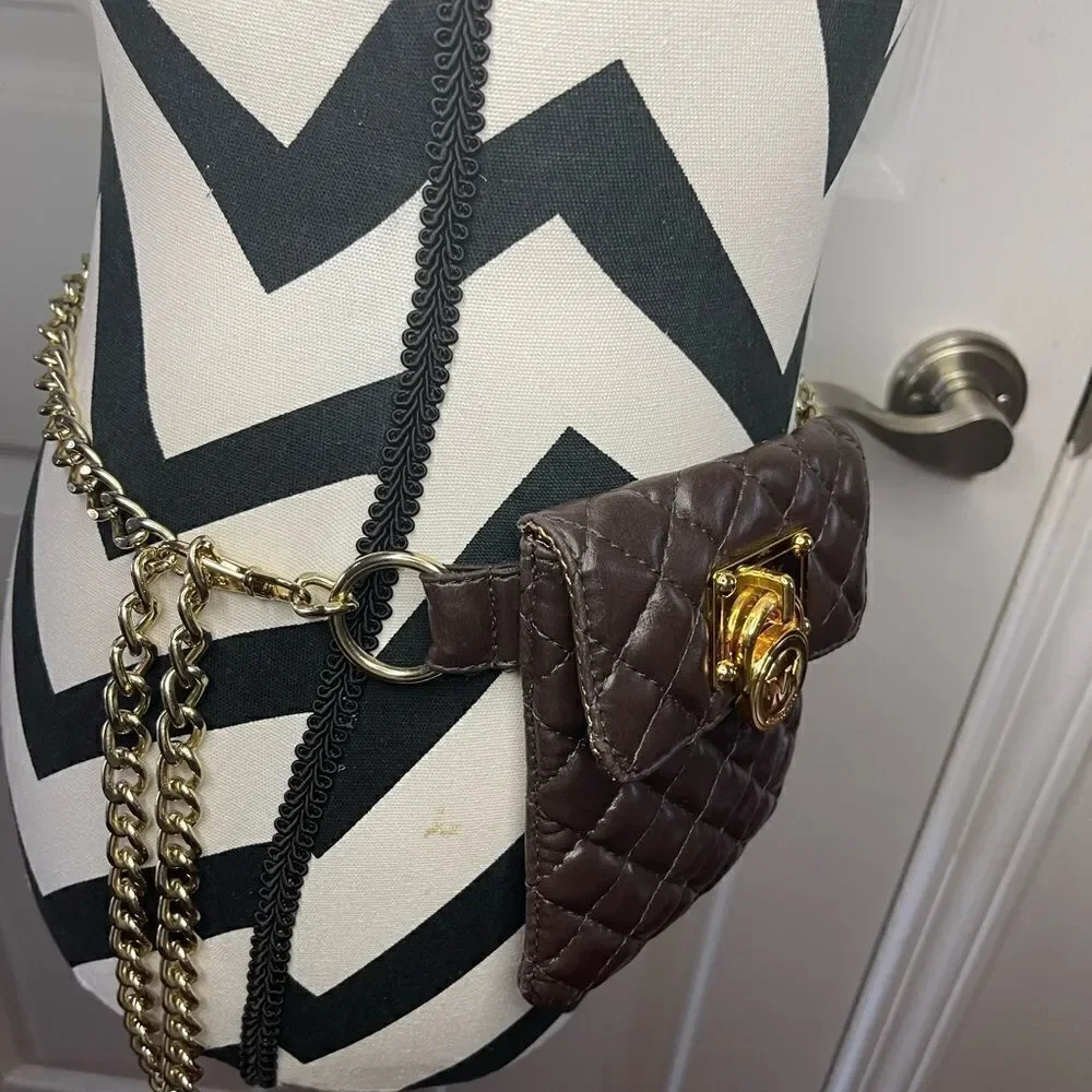 Michael Kors Brown faux leather quilted mini crossbody/fanny pack chain accent